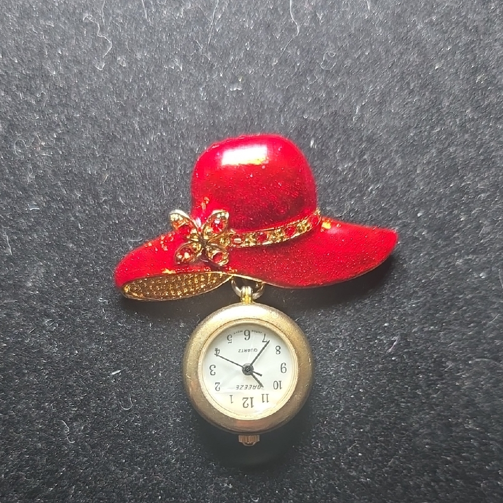 Vintage Red Hat Brooch with Watch Pendant